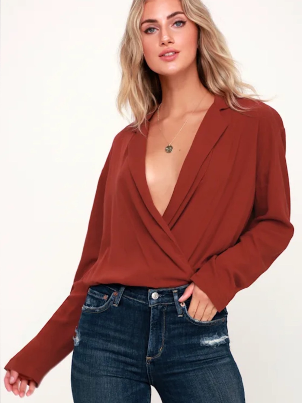 Free People | Elsa Rust Red Long Sleeve Surplice Bodysuit